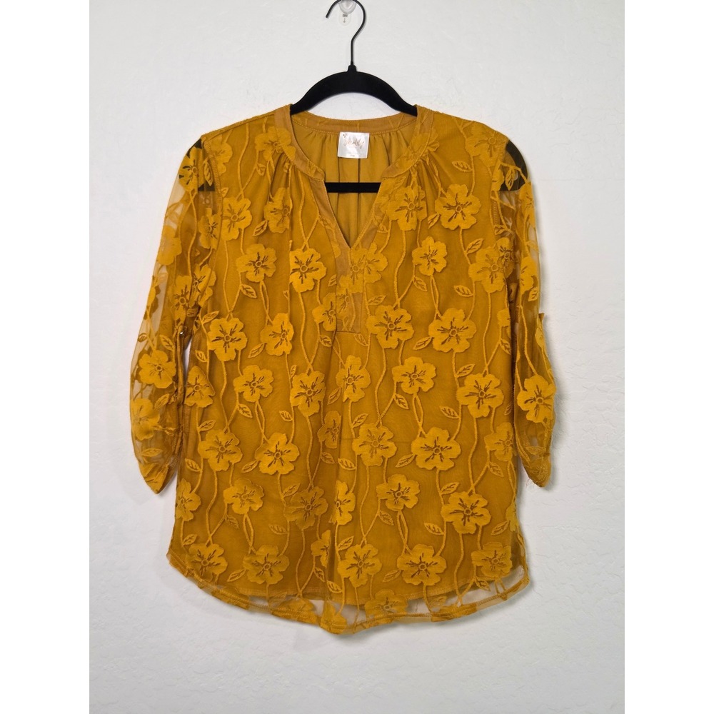Sirenlily Petite Mustard Yellow Floral Lace V-Neck Blouse PM Petite Medium